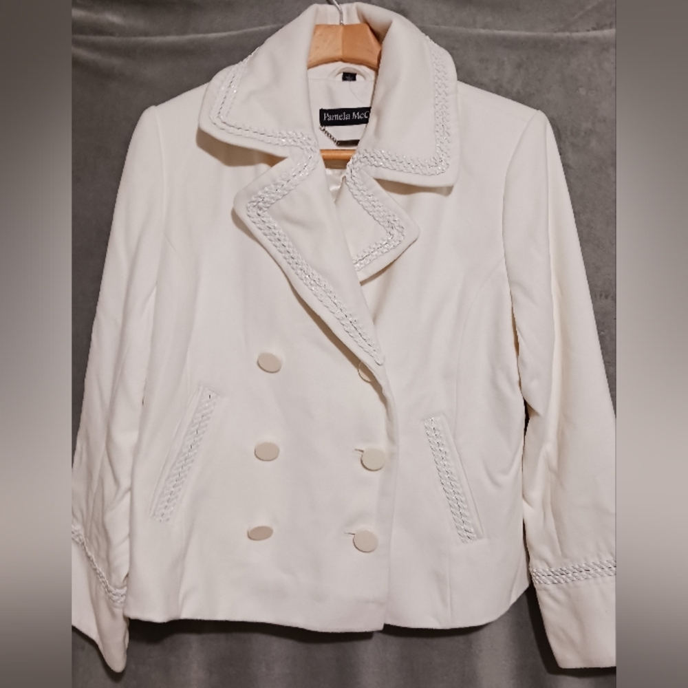 Pamela Mccoy Ivory Braided Trim Double Breasted Blazer Women's Size L